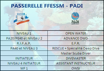 passerelles FFESSM PADI